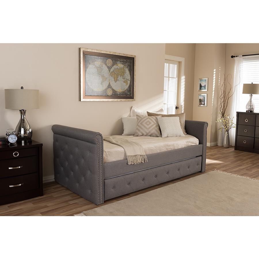 Grey Fabric Tufted Twin Size Daybed with Roll-out Trundle Guest Bed. Picture 8