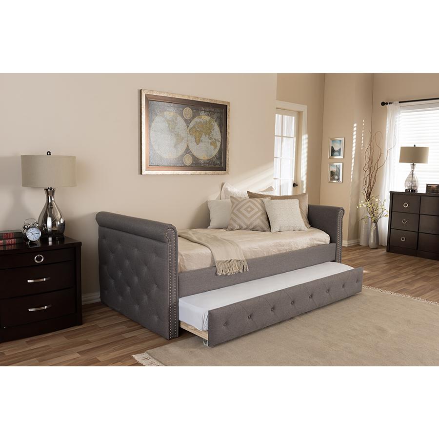 Grey Fabric Tufted Twin Size Daybed with Roll-out Trundle Guest Bed. Picture 9