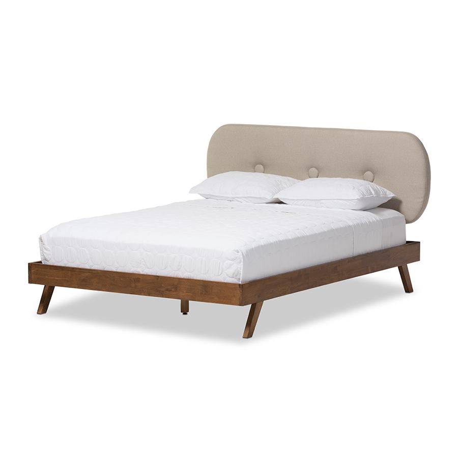 Penelope Mid-Century Modern Solid Walnut Wood Light Beige Fabric Upholstered Queen Size Platform Bed. Picture 1