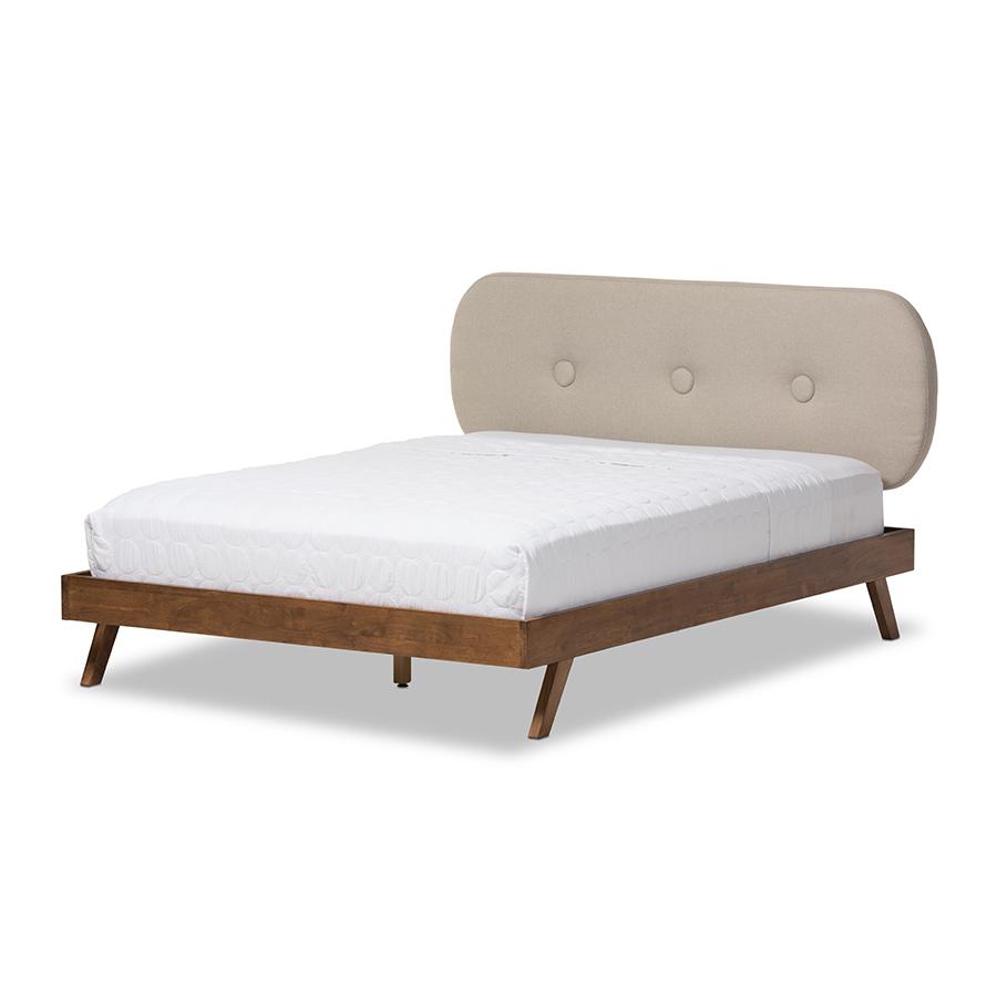 Solid Walnut Wood Light Beige Fabric Upholstered Queen Size Platform Bed. Picture 2