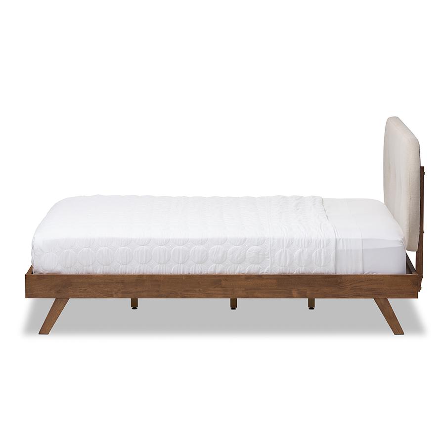 Penelope Mid-Century Modern Solid Walnut Wood Light Beige Fabric Upholstered Queen Size Platform Bed. Picture 3
