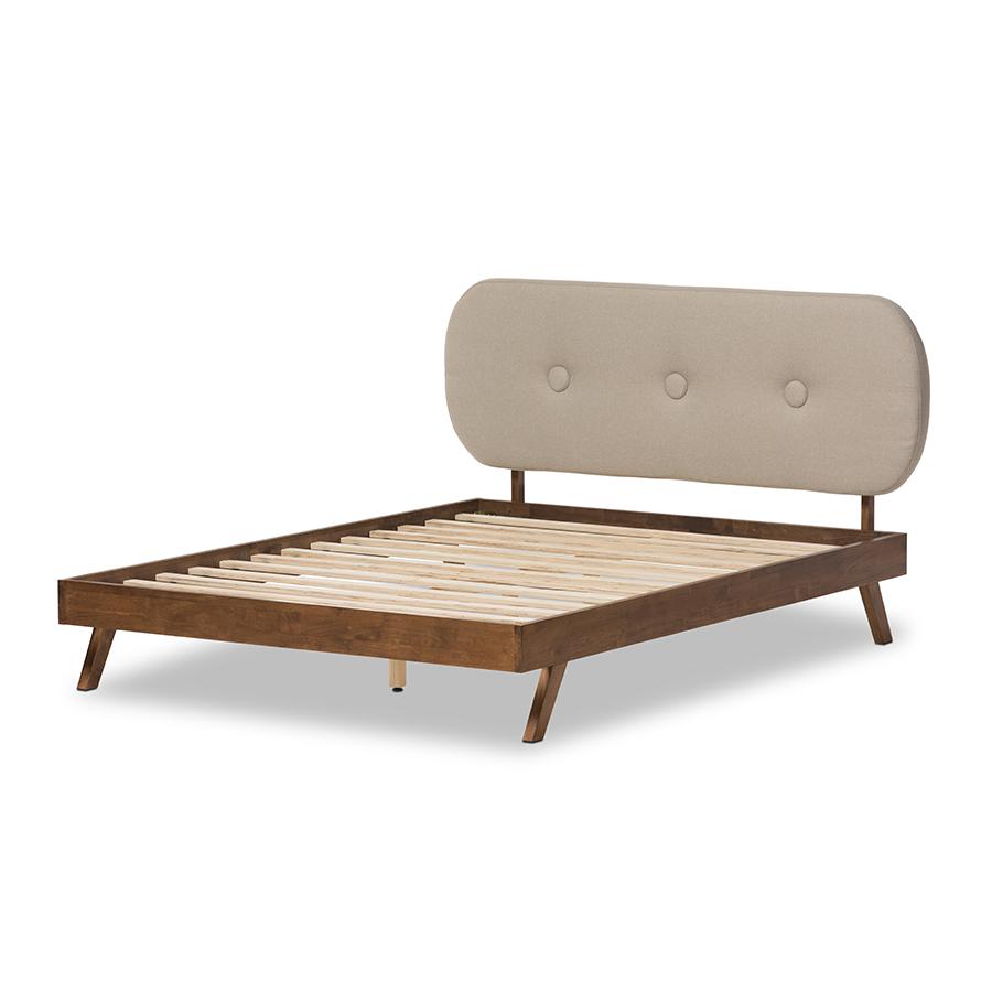 Penelope Mid-Century Modern Solid Walnut Wood Light Beige Fabric Upholstered Queen Size Platform Bed. Picture 4