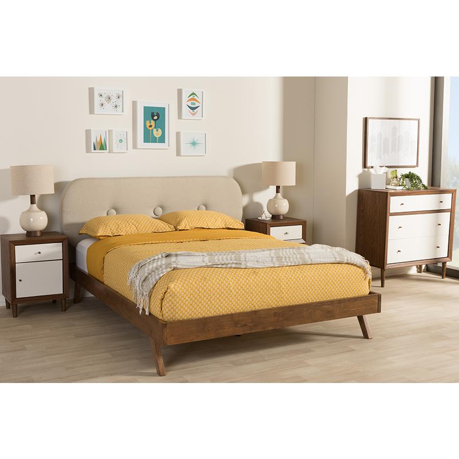 Penelope Mid-Century Modern Solid Walnut Wood Light Beige Fabric Upholstered Queen Size Platform Bed. Picture 6