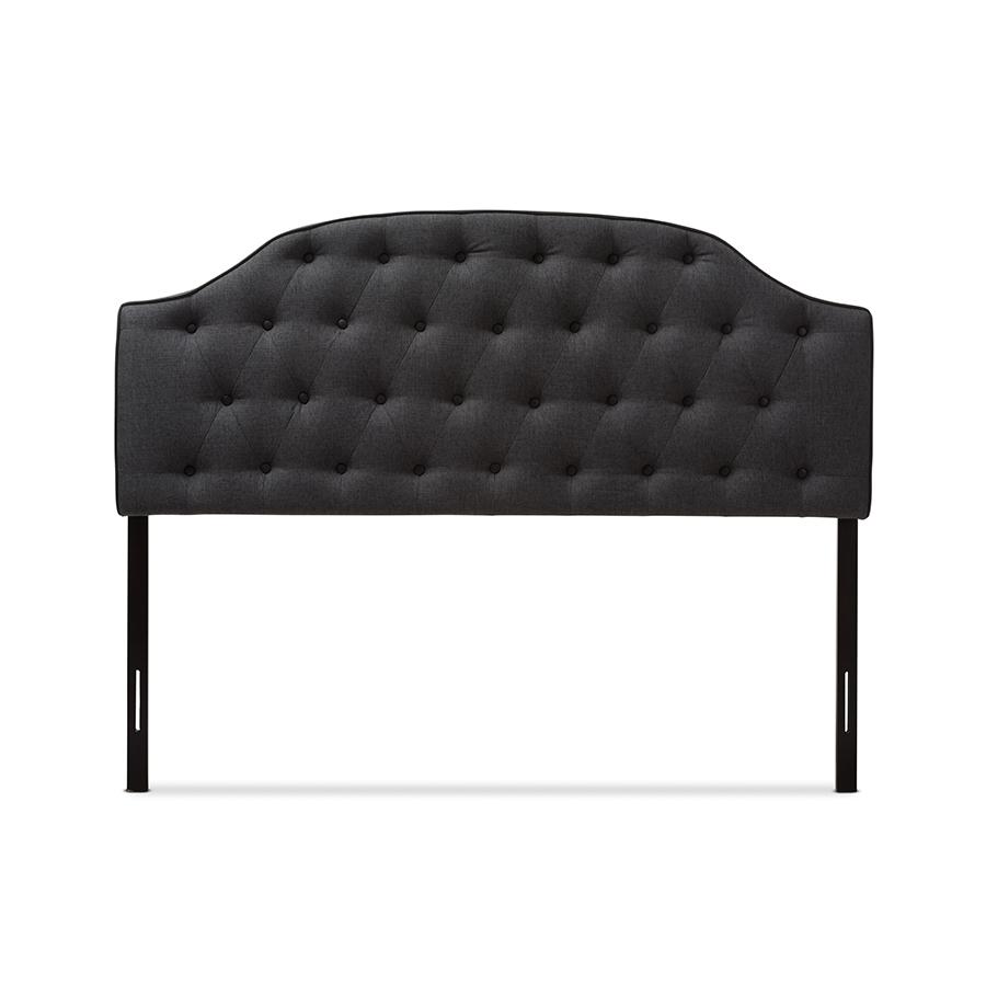 Windsor Modern and Contemporary Dark Grey Fabric Upholstered Scalloped Buttoned Queen Size Headboard. Picture 2