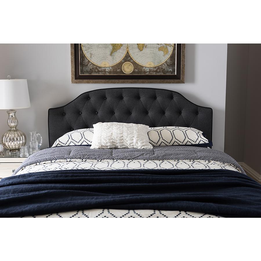 Windsor Modern and Contemporary Dark Grey Fabric Upholstered Scalloped Buttoned Queen Size Headboard. Picture 4