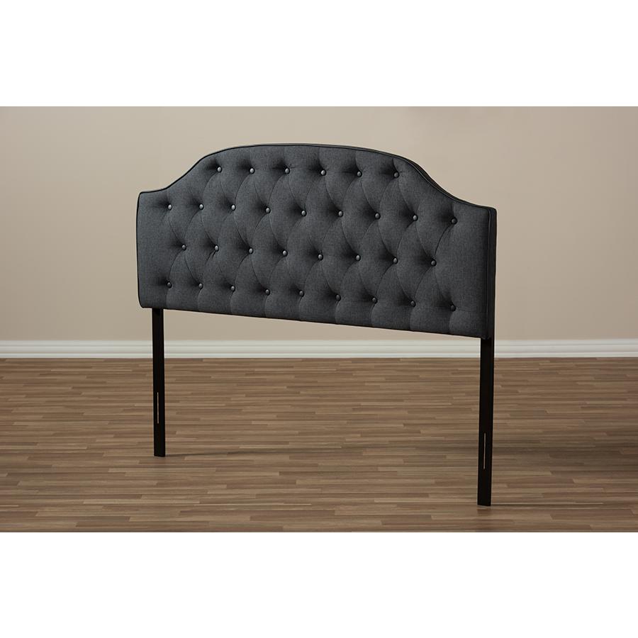 Windsor Modern and Contemporary Dark Grey Fabric Upholstered Scalloped Buttoned Queen Size Headboard. Picture 5