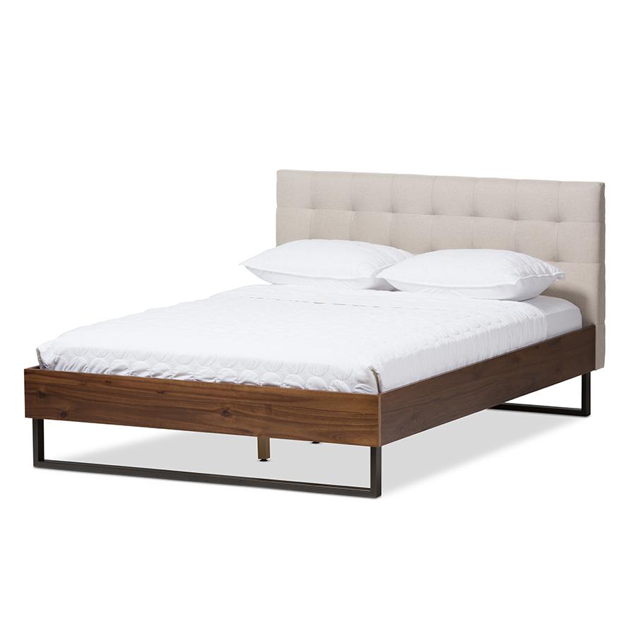 Industrial Walnut Wood Beige Fabric Dark Bronze Metal Queen Size Platform Bed. Picture 1
