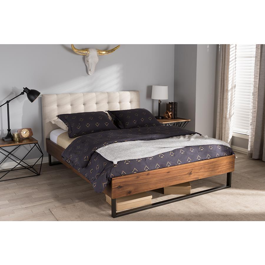 Mitchell Rustic Industrial Walnut Wood Beige Fabric Dark Bronze Metal Queen Size Platform Bed. Picture 6
