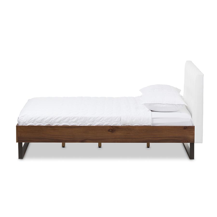 Walnut Wood White Faux Leather Dark Bronze Metal Queen Size Platform Bed. Picture 2