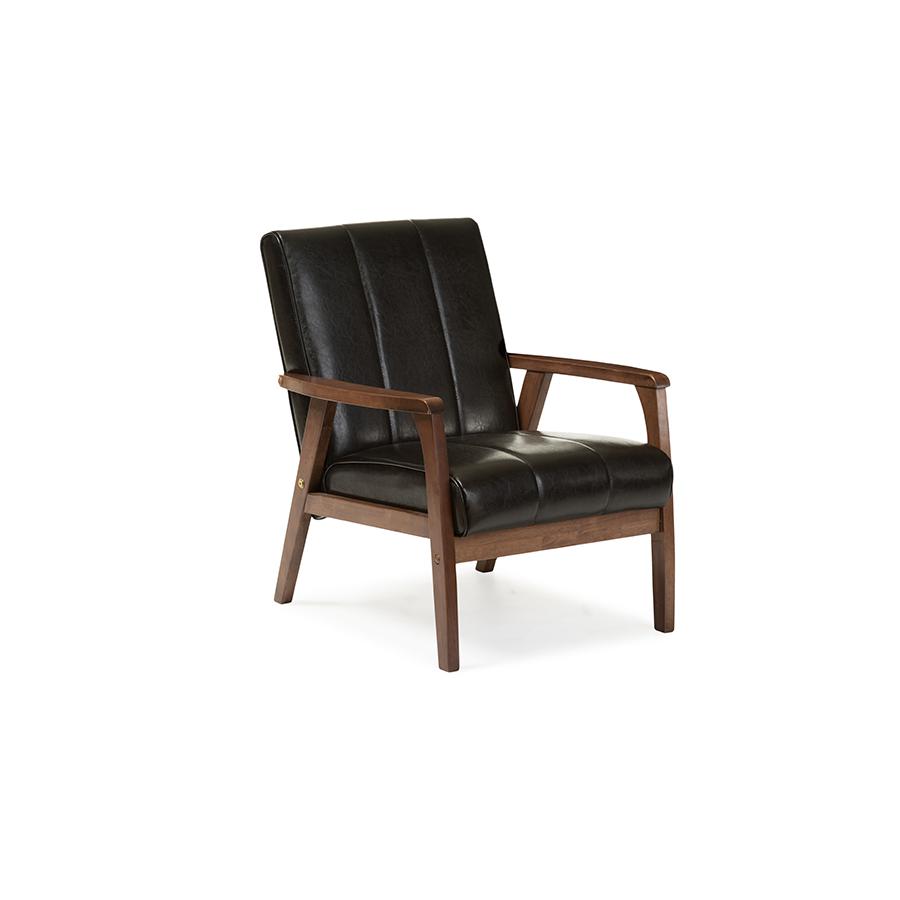 Nikko Mid-century Modern Scandinavian Style Black Faux Leather Wooden Lounge Chair. Picture 2