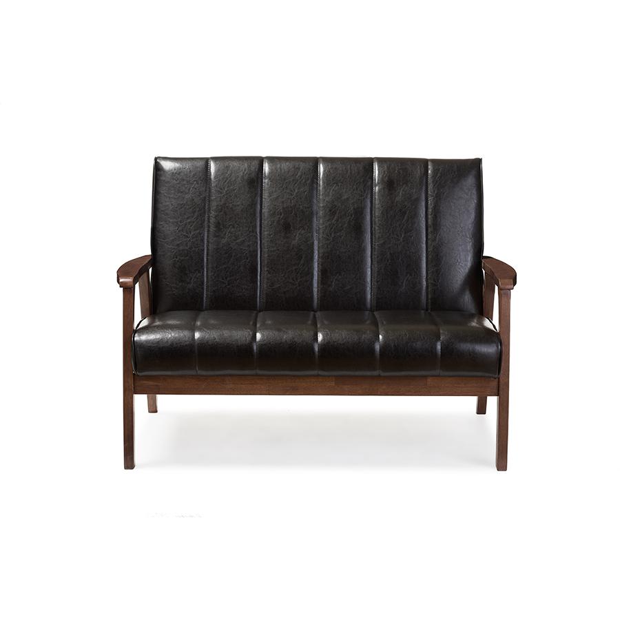Nikko Mid-century Modern Scandinavian Style Black Faux Leather Wooden 2-Seater Loveseat. Picture 1