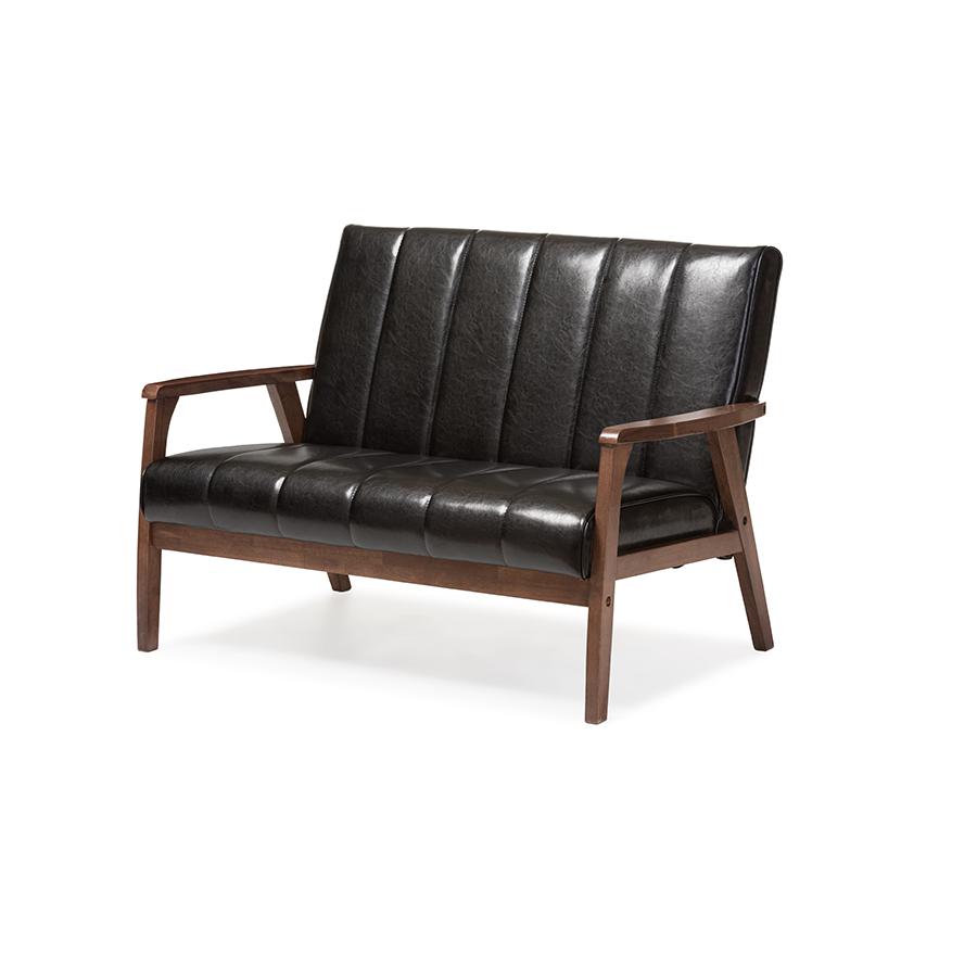 Nikko Mid-century Modern Scandinavian Style Black Faux Leather Wooden 2-Seater Loveseat. Picture 2