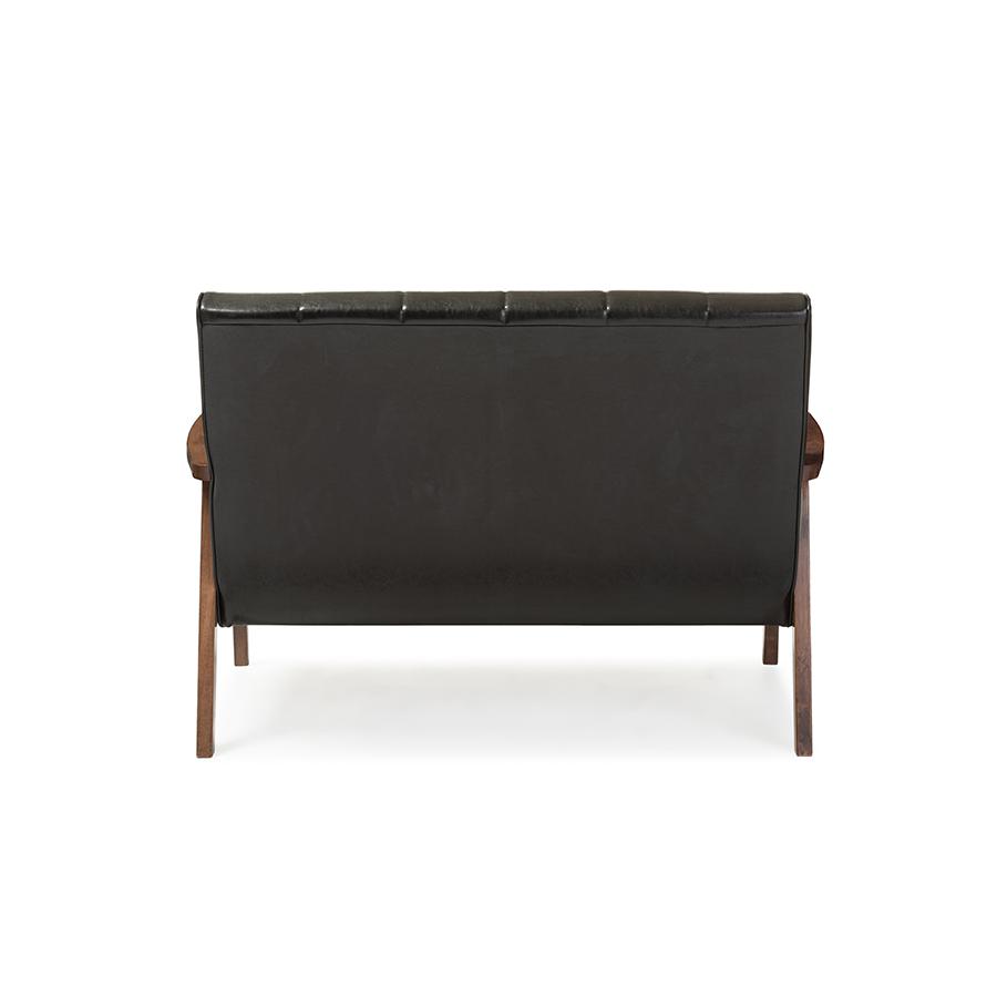 Nikko Mid-century Modern Scandinavian Style Black Faux Leather Wooden 2-Seater Loveseat. Picture 4