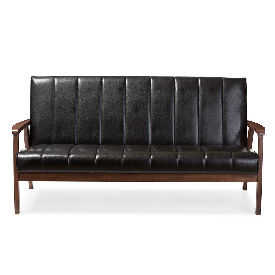 Nikko Mid-century Modern Scandinavian Style Black Faux Leather Wooden 3-Seater Sofa. The main picture.