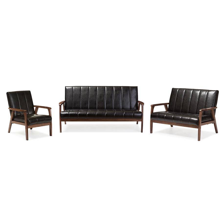 Nikko Mid-century Modern Scandinavian Style Black Faux Leather 3 Pieces Living Room Sets. Picture 1