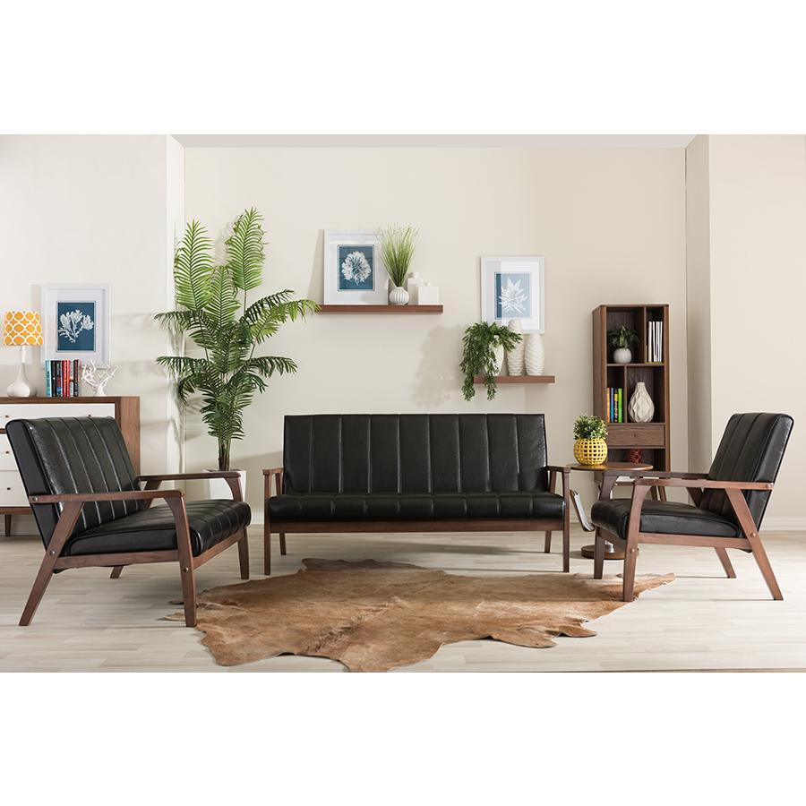 Nikko Mid-century Modern Scandinavian Style Black Faux Leather 3 Pieces Living Room Sets. Picture 2