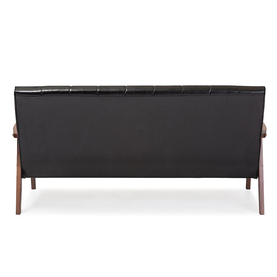 Nikko Mid-century Modern Scandinavian Style Black Faux Leather Wooden 3-Seater Sofa. Picture 4