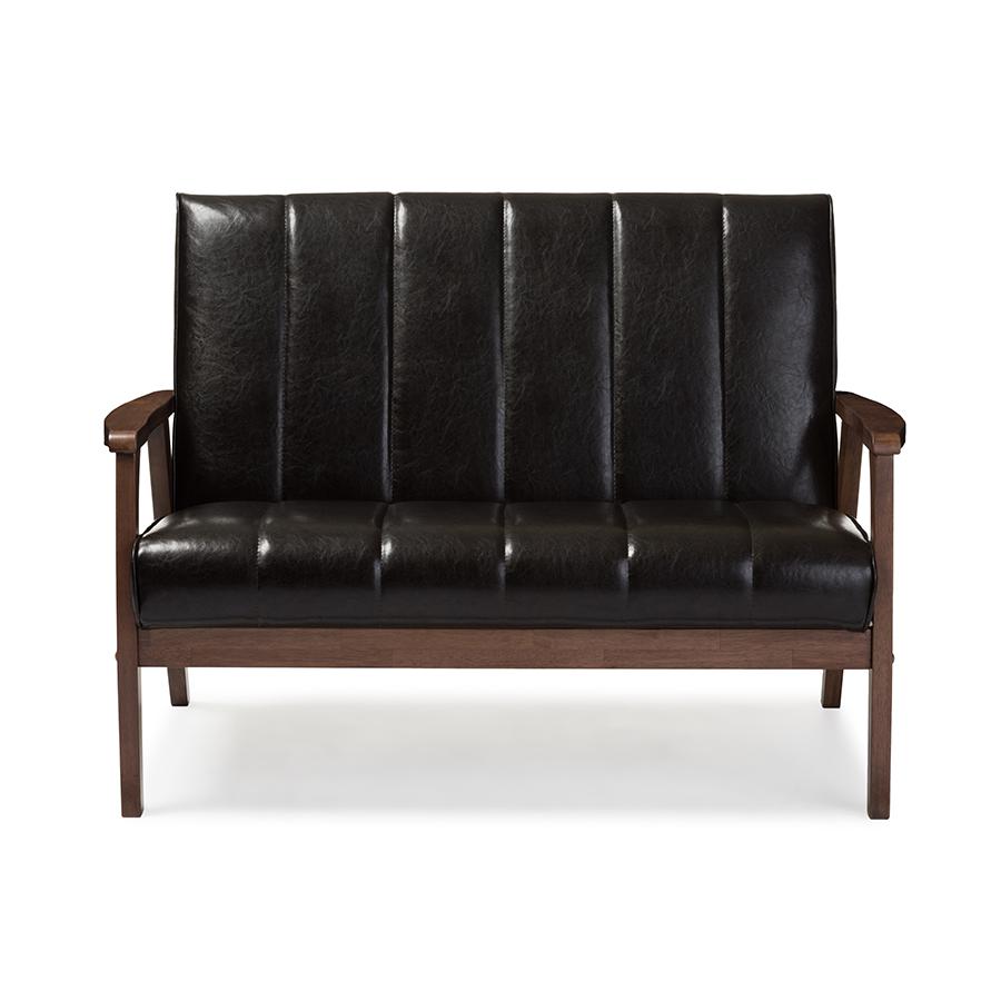 Nikko Mid-century Modern Scandinavian Style Dark Brown Faux Leather Wooden 2-Seater Loveseat. The main picture.