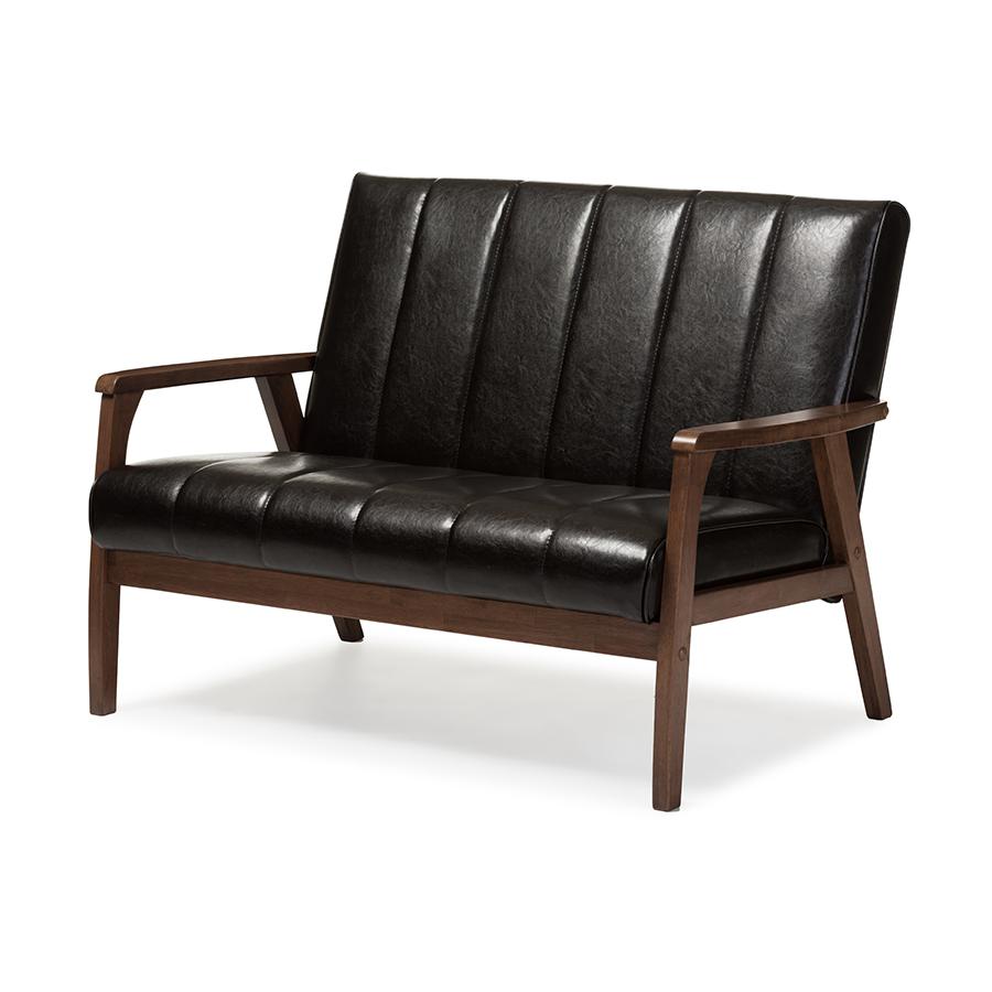 Nikko Mid-century Modern Scandinavian Style Dark Brown Faux Leather Wooden 2-Seater Loveseat. Picture 2
