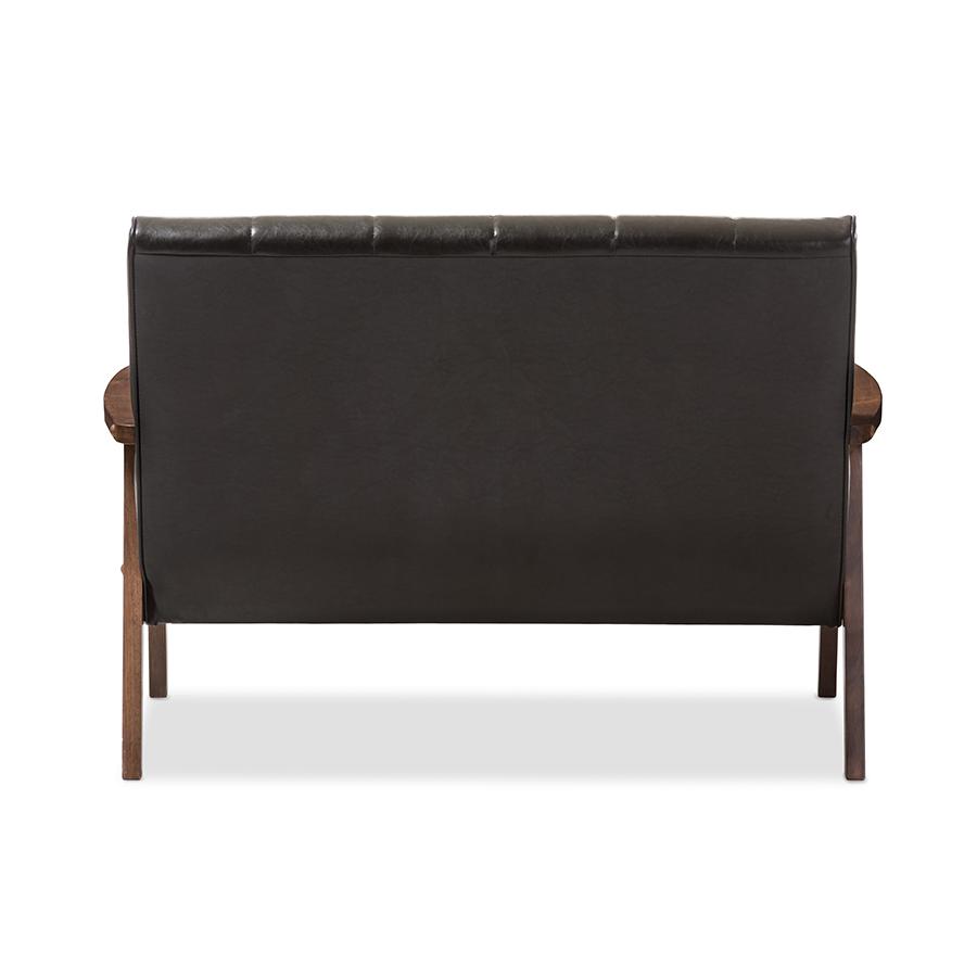 Nikko Mid-century Modern Scandinavian Style Dark Brown Faux Leather Wooden 2-Seater Loveseat. Picture 4