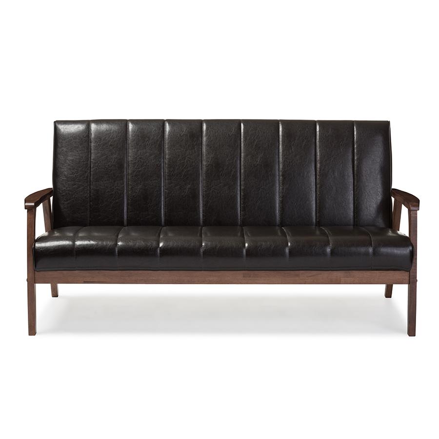 Nikko Mid-century Modern Scandinavian Style Dark Brown Faux Leather Wooden 3-Seater Sofa. Picture 1