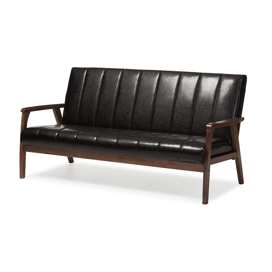 Nikko Mid-century Modern Scandinavian Style Dark Brown Faux Leather Wooden 3-Seater Sofa. Picture 2