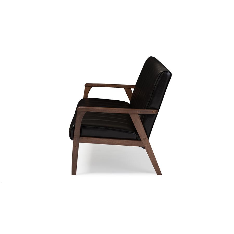 Nikko Mid-century Modern Scandinavian Style Dark Brown Faux Leather Wooden 3-Seater Sofa. Picture 3