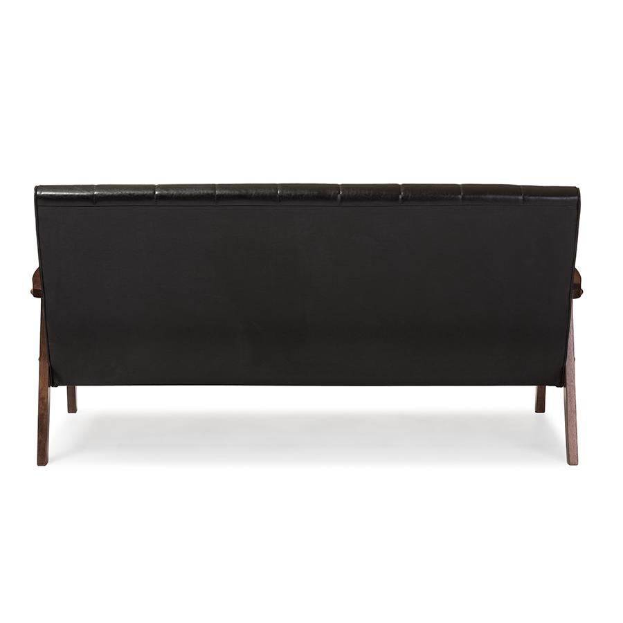 Nikko Mid-century Modern Scandinavian Style Dark Brown Faux Leather Wooden 3-Seater Sofa. Picture 4