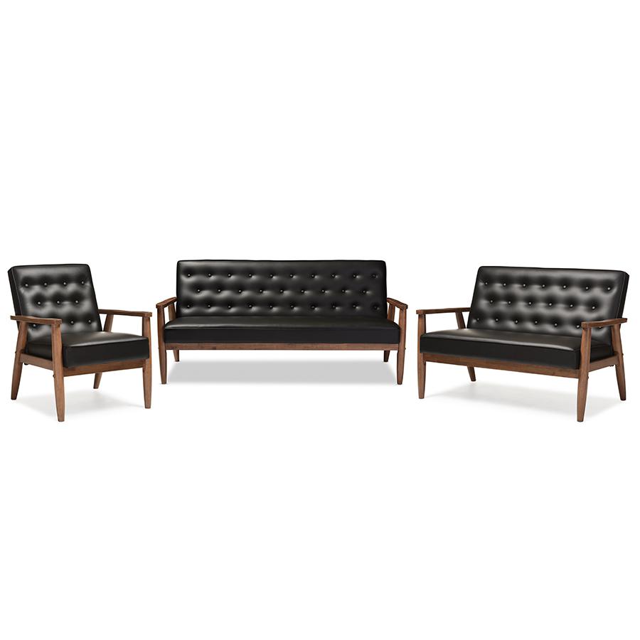 Sorrento Mid-century Retro Modern Black Faux Leather Upholstered Wooden 3 Piece Living room Set. Picture 1