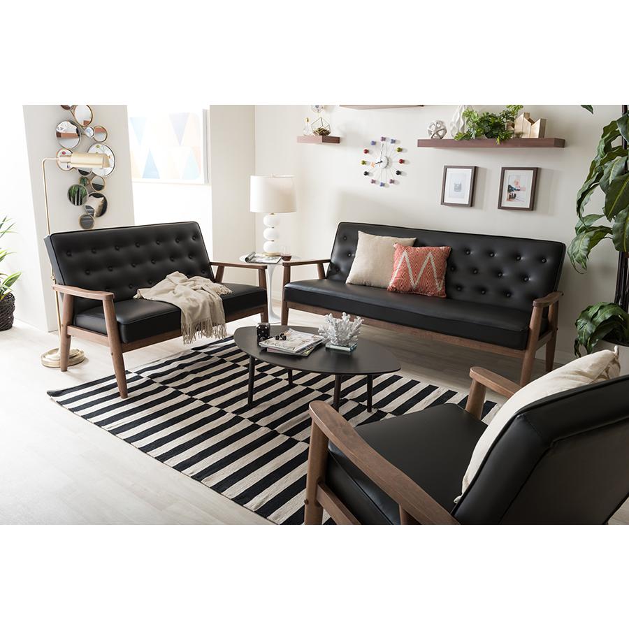 Sorrento Mid-century Retro Modern Black Faux Leather Upholstered Wooden 3 Piece Living room Set. Picture 2