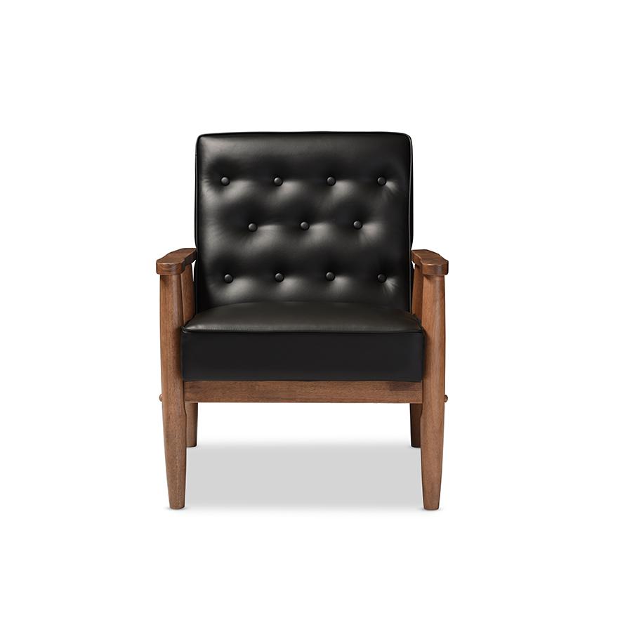 Sorrento Mid-century Retro Modern Black Faux Leather Upholstered Wooden Lounge Chair. Picture 1