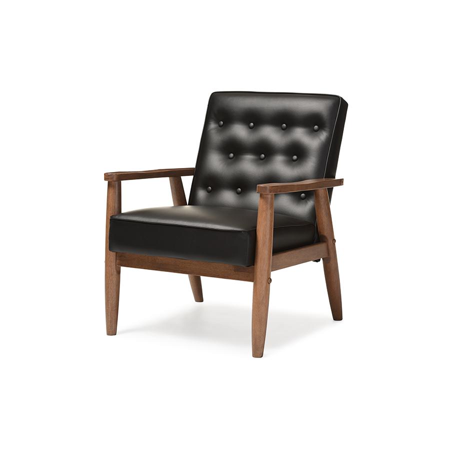 Sorrento Mid-century Retro Modern Black Faux Leather Upholstered Wooden Lounge Chair. Picture 2