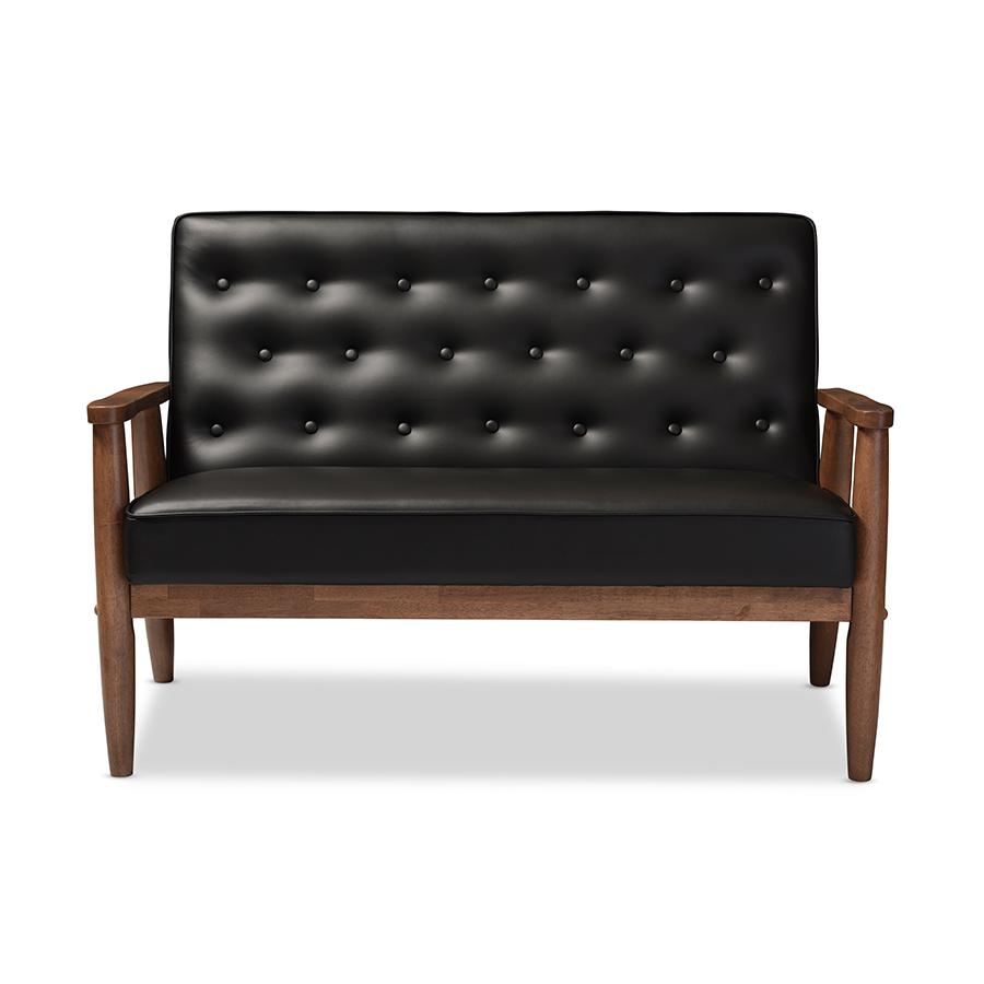 Sorrento Mid-century Retro Modern Black Faux Leather Upholstered Wooden 2-seater Loveseat. The main picture.