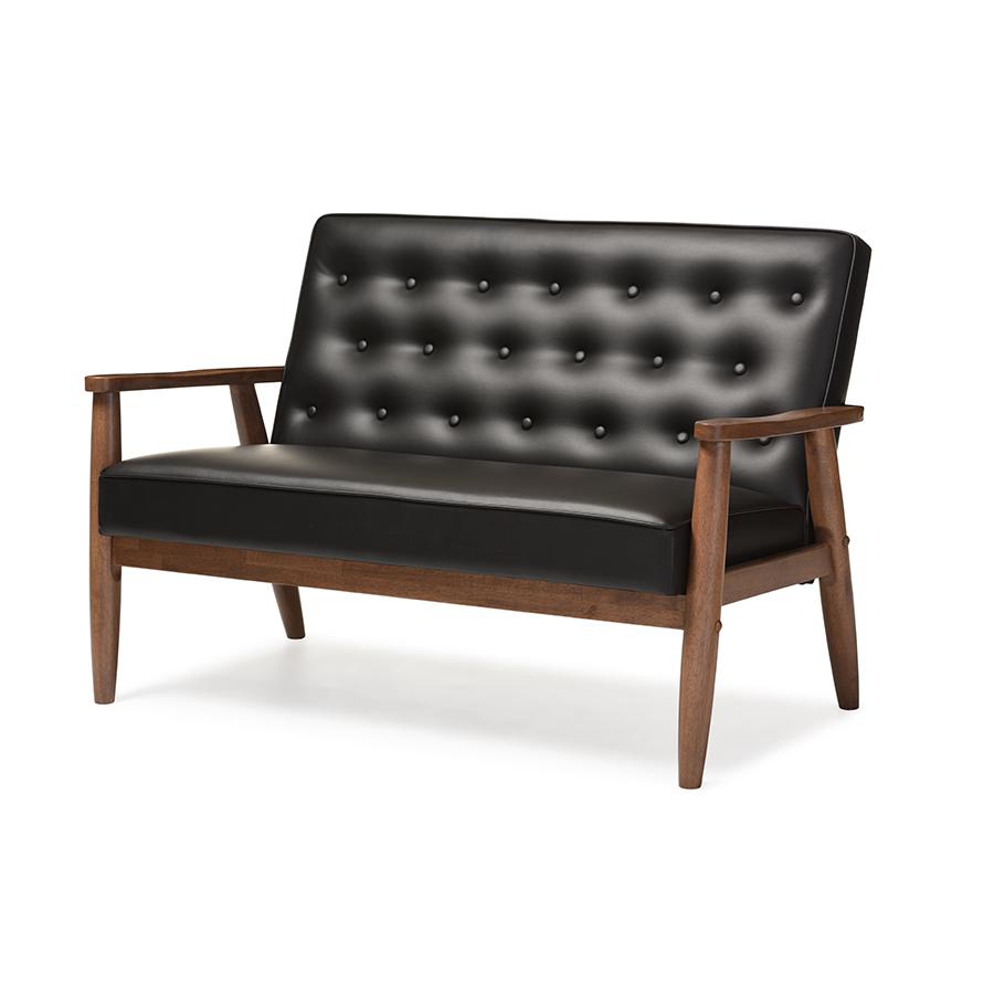 Sorrento Mid-century Retro Modern Black Faux Leather Upholstered Wooden 2-seater Loveseat. Picture 2