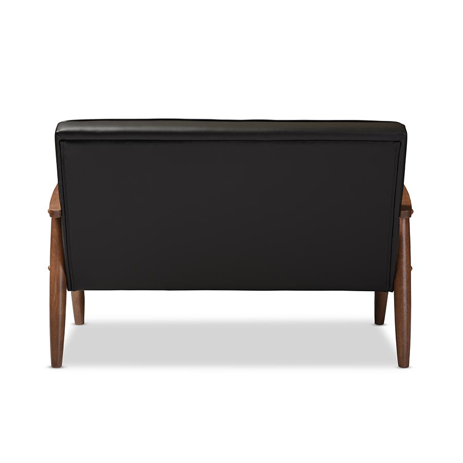 Sorrento Mid-century Retro Modern Black Faux Leather Upholstered Wooden 2-seater Loveseat. Picture 4