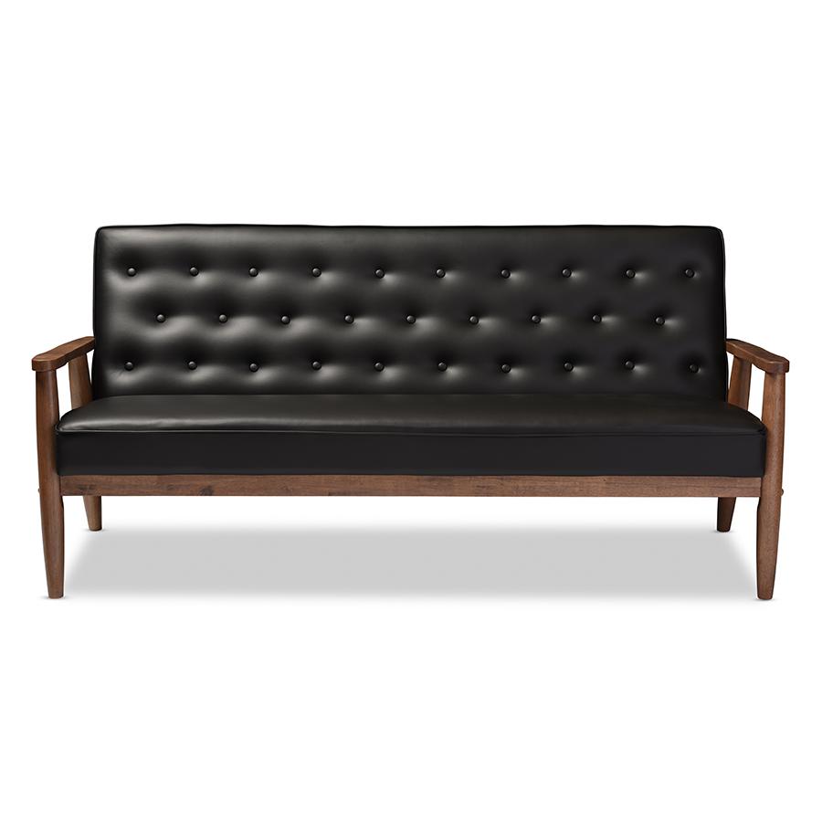 Mid-century Retro Modern Black Faux Leather Upholstered Wooden 3-seater Sofa. Picture 5