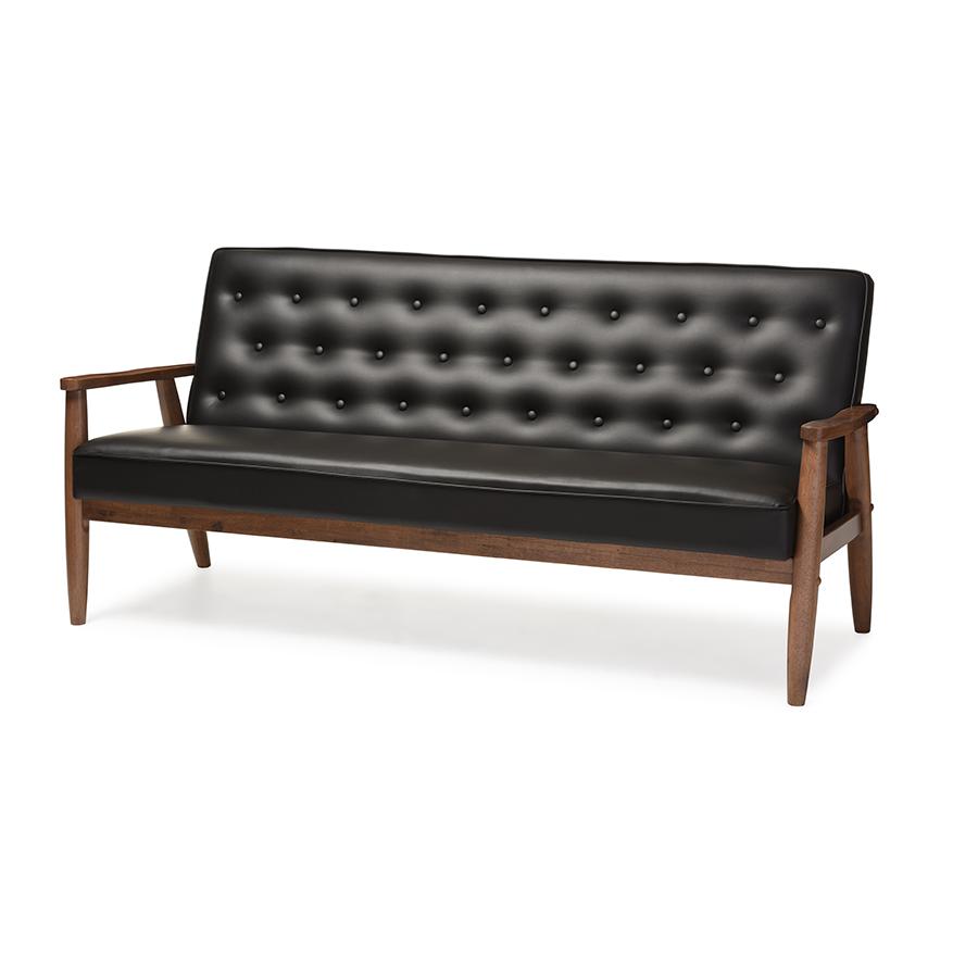 Mid-century Retro Modern Black Faux Leather Upholstered Wooden 3-seater Sofa. Picture 1