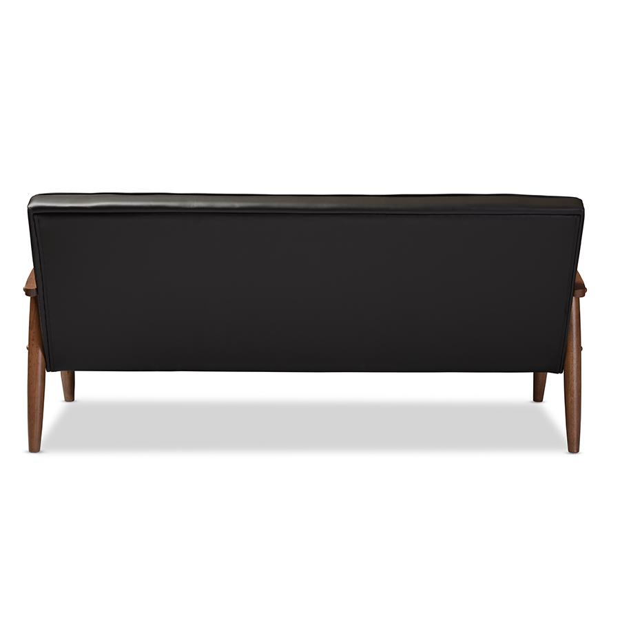 Sorrento Mid-century Retro Modern Black Faux Leather Upholstered Wooden 3-seater Sofa. Picture 4