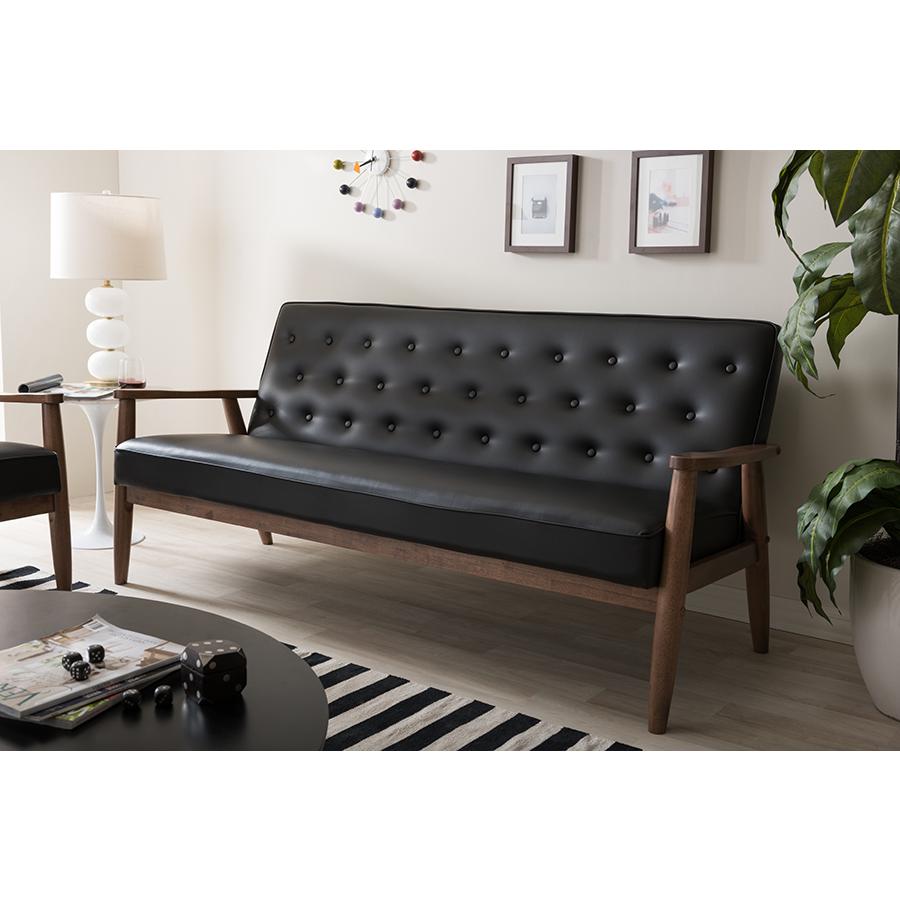 Mid-century Retro Modern Black Faux Leather Upholstered Wooden 3-seater Sofa. Picture 4