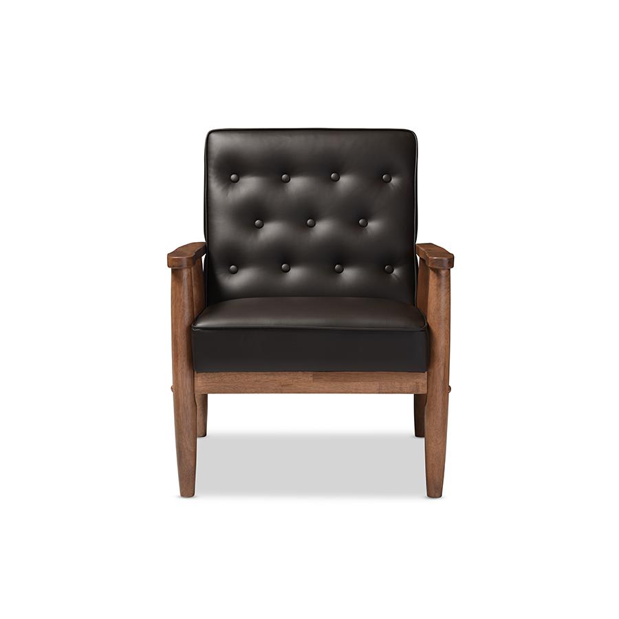 Sorrento Mid-century Retro Modern Brown Faux Leather Upholstered Wooden Lounge Chair Dark Brown. Picture 1