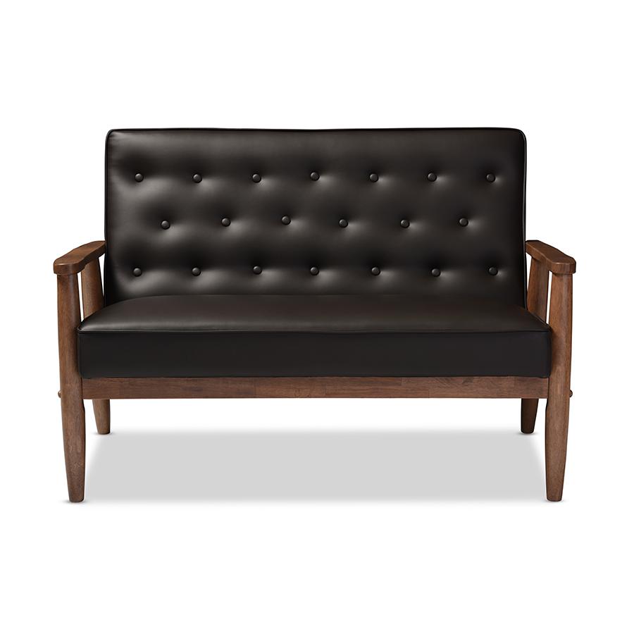 Sorrento Mid-century Retro Modern Brown Faux Leather Upholstered Wooden 2-seater Loveseat Dark Brown. Picture 1