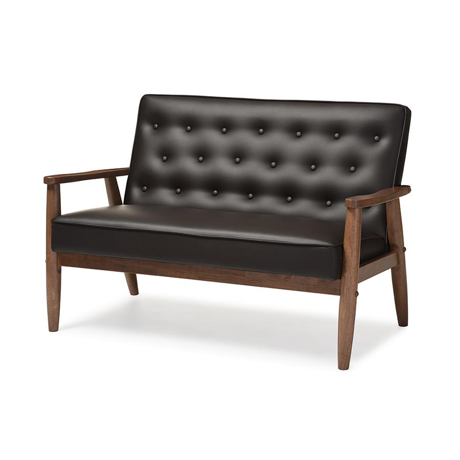 Sorrento Mid-century Retro Modern Brown Faux Leather Upholstered Wooden 2-seater Loveseat Dark Brown. Picture 2