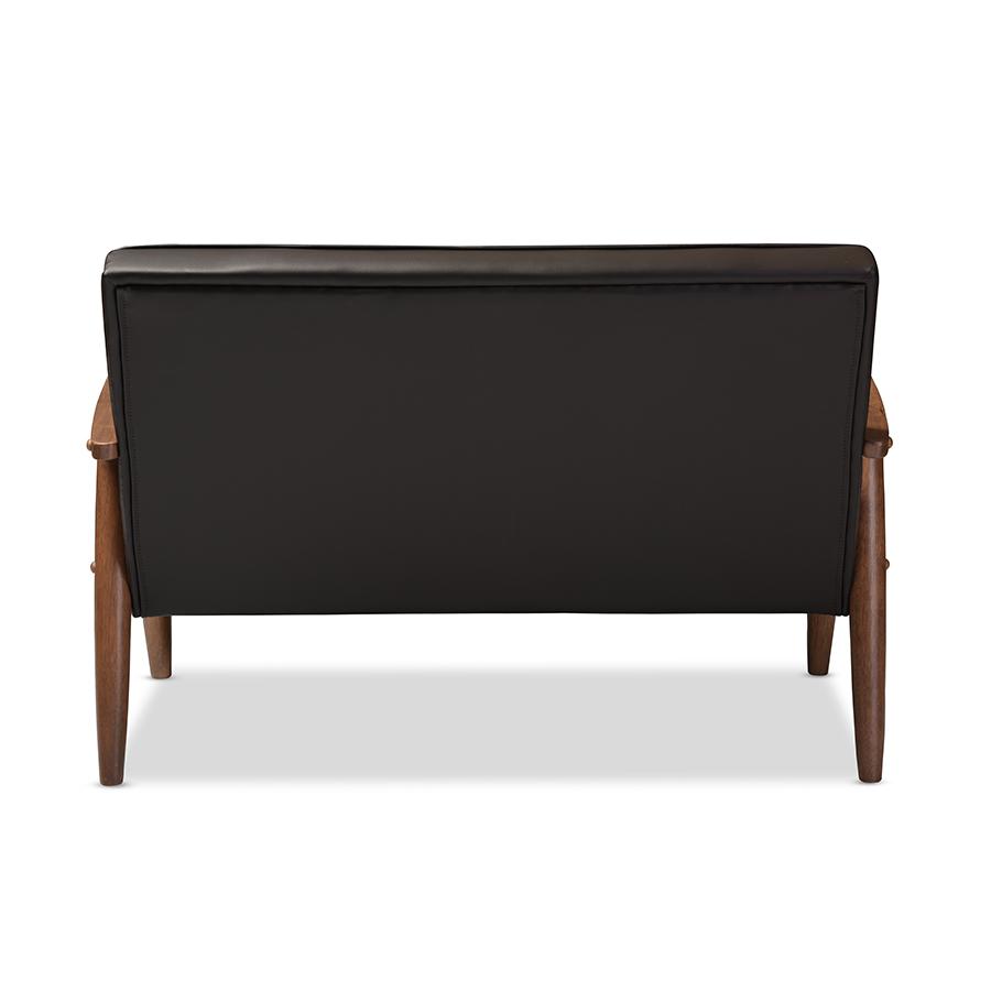 Sorrento Mid-century Retro Modern Brown Faux Leather Upholstered Wooden 2-seater Loveseat Dark Brown. Picture 4