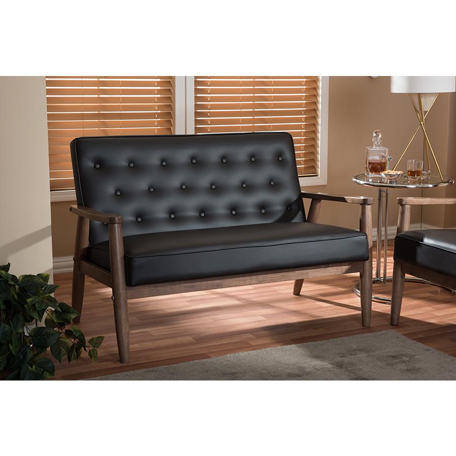 Sorrento Retro Modern Brown Faux Leather Upholstered Wooden 2-seater Loveseat. Picture 4