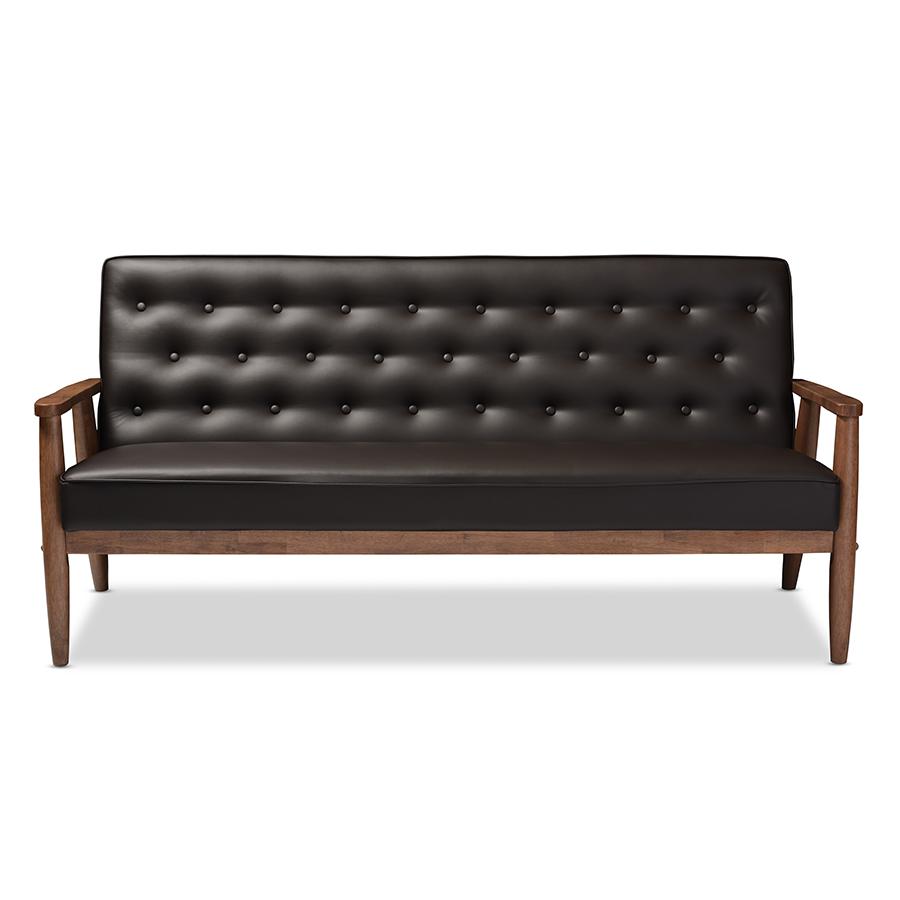 Mid-century Retro Modern Brown Faux Leather Upholstered Wooden 3-seater Sofa. Picture 5