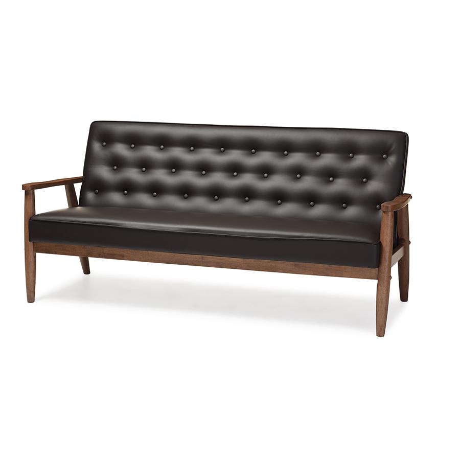 Mid-century Retro Modern Brown Faux Leather Upholstered Wooden 3-seater Sofa. Picture 1