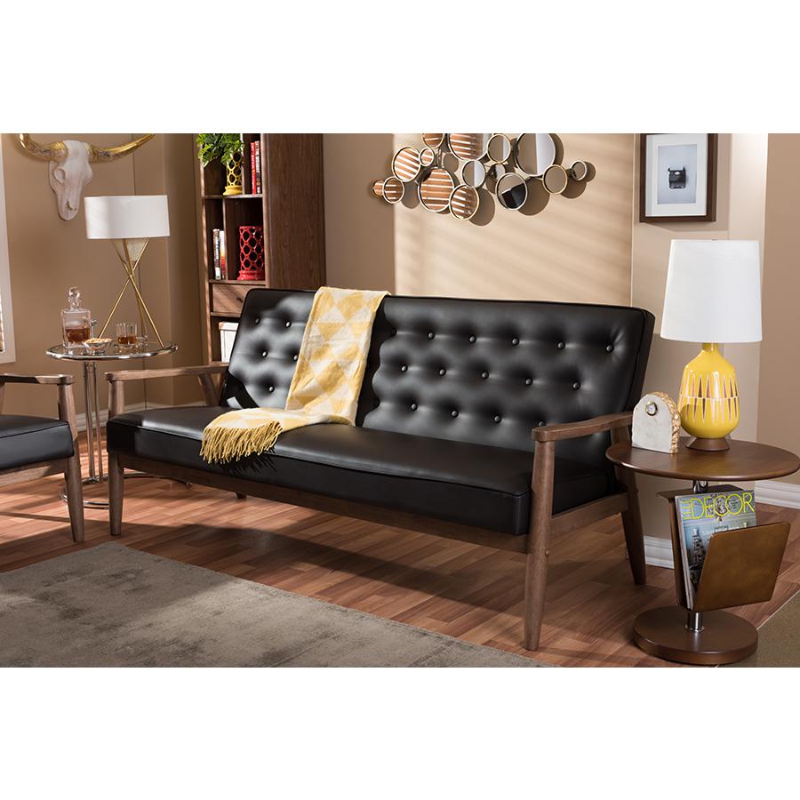 Mid-century Retro Modern Brown Faux Leather Upholstered Wooden 3-seater Sofa. Picture 4