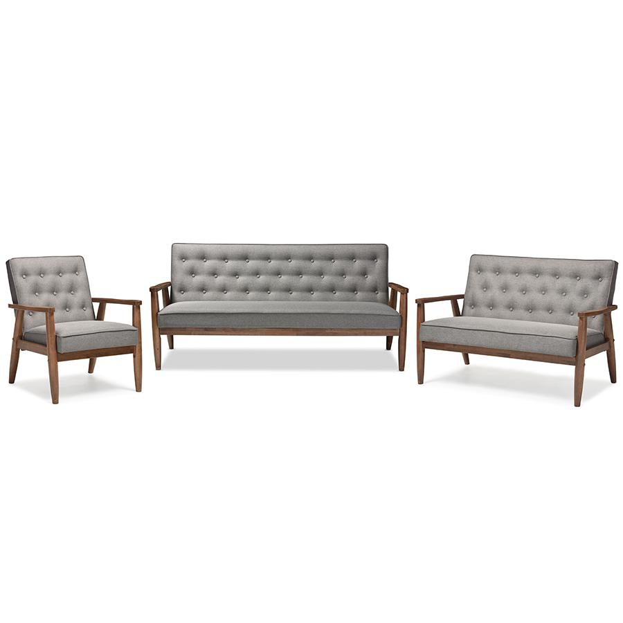 Sorrento Mid-century Retro Modern Grey Fabric Upholstered Wooden 3 Piece Living room Set. The main picture.