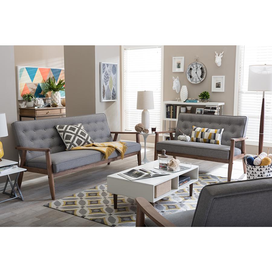 Sorrento Mid-century Retro Modern Grey Fabric Upholstered Wooden 3 Piece Living room Set. Picture 2