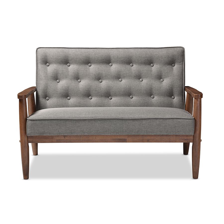 Sorrento Mid-century Retro Modern Grey Fabric Upholstered Wooden 2-seater Loveseat. Picture 1